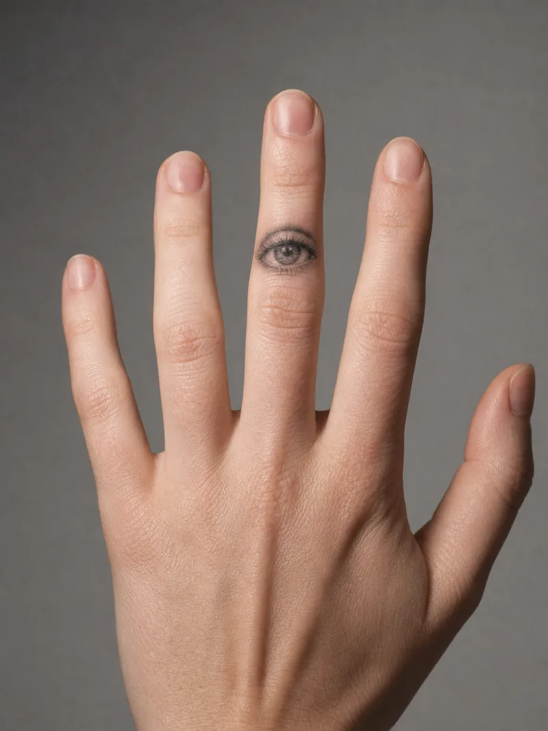Realistic eye finger tattoo - miniature detailed eye centred neatly between two finger joints