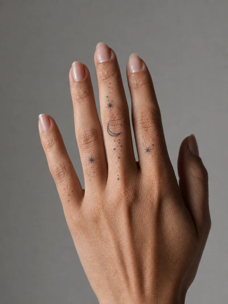 Celestial finger tattoos - crescent moons, tiny stars and dots arranged across three fingers