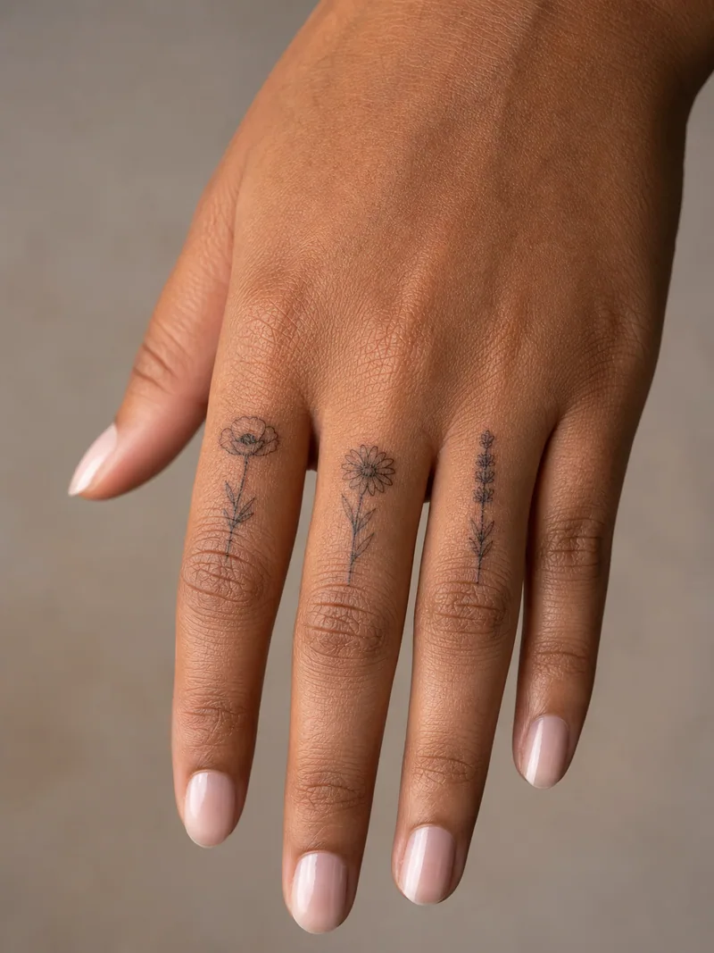 Wildflower finger tattoos - poppy, daisy and lavender stems placed individually above the knuckles