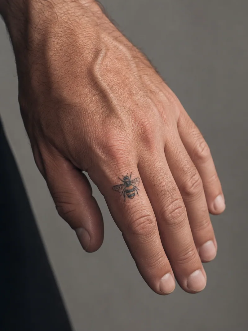 Bee finger tattoo - small detailed honey bee balanced between the finger joints