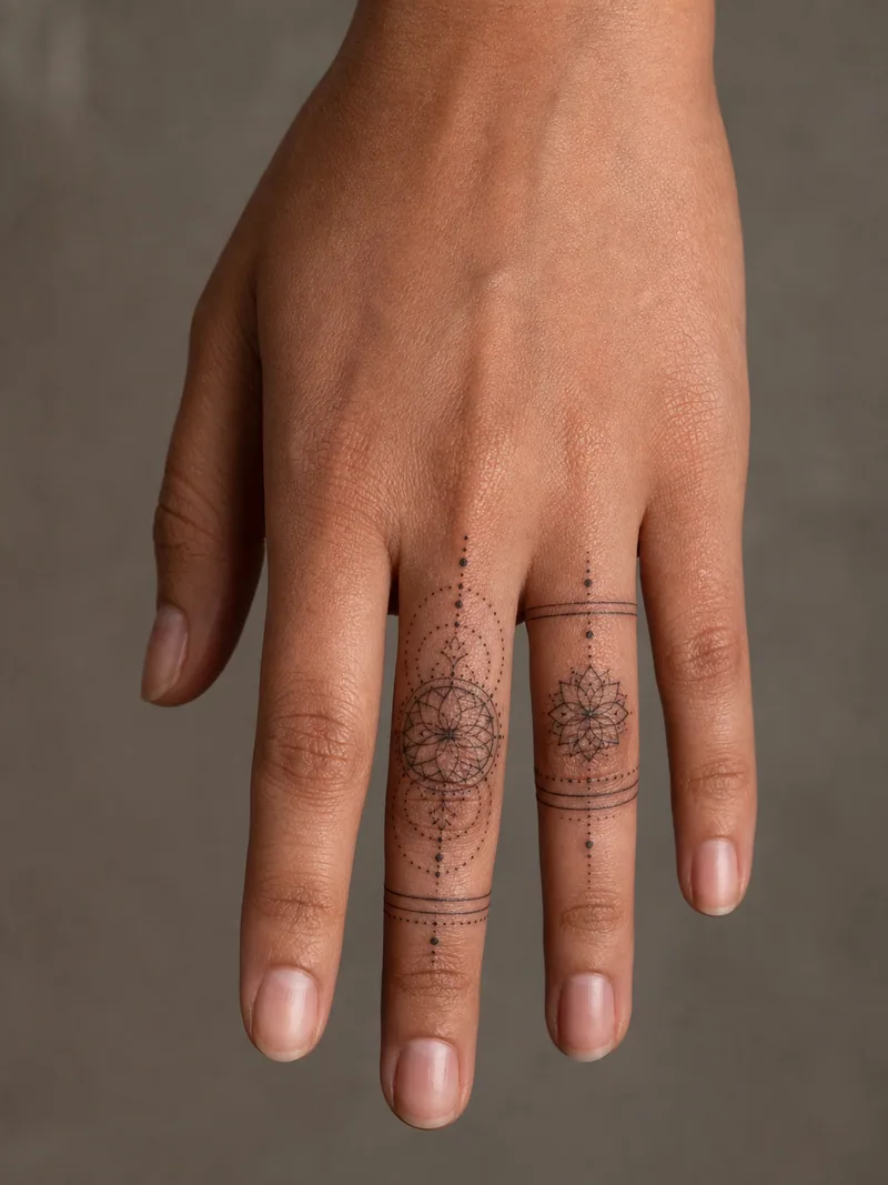 Sacred geometry finger tattoos - fine rosettes, dotwork rings and small ornamental details over two fingers