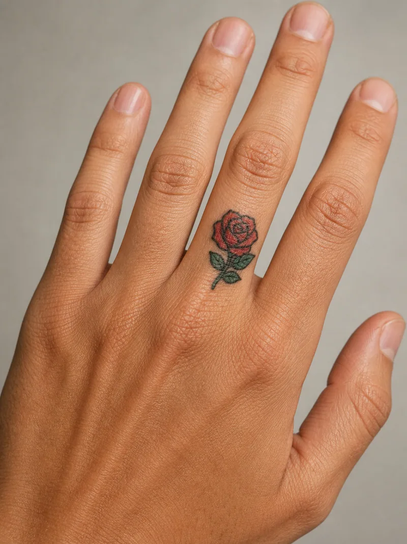Rose finger tattoo - compact red rose with green leaves and classic bold outlines