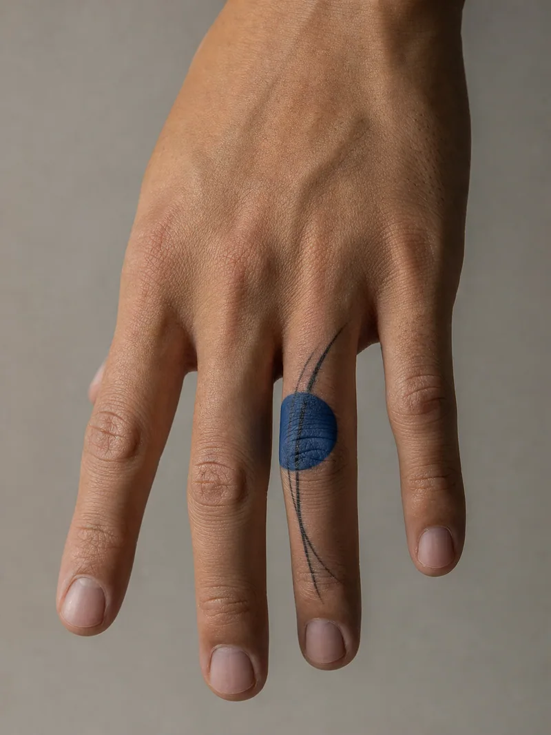 Abstract finger tattoo - cobalt circle crossed by two thin black lines over the finger joint