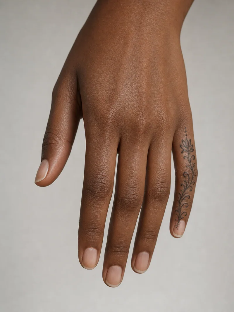 Ornamental side finger tattoo - delicate leaf filigree following the outside edge of the little finger