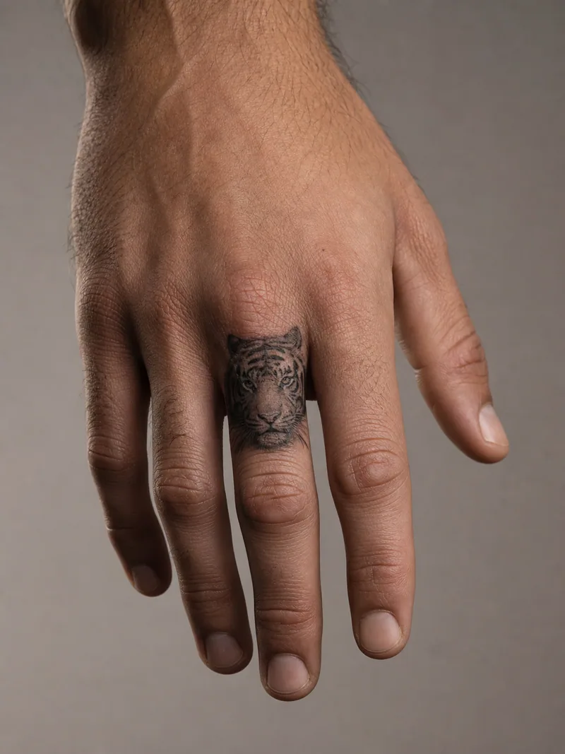 Tiger finger tattoo - compact tiger portrait with focused eyes and soft striped shading