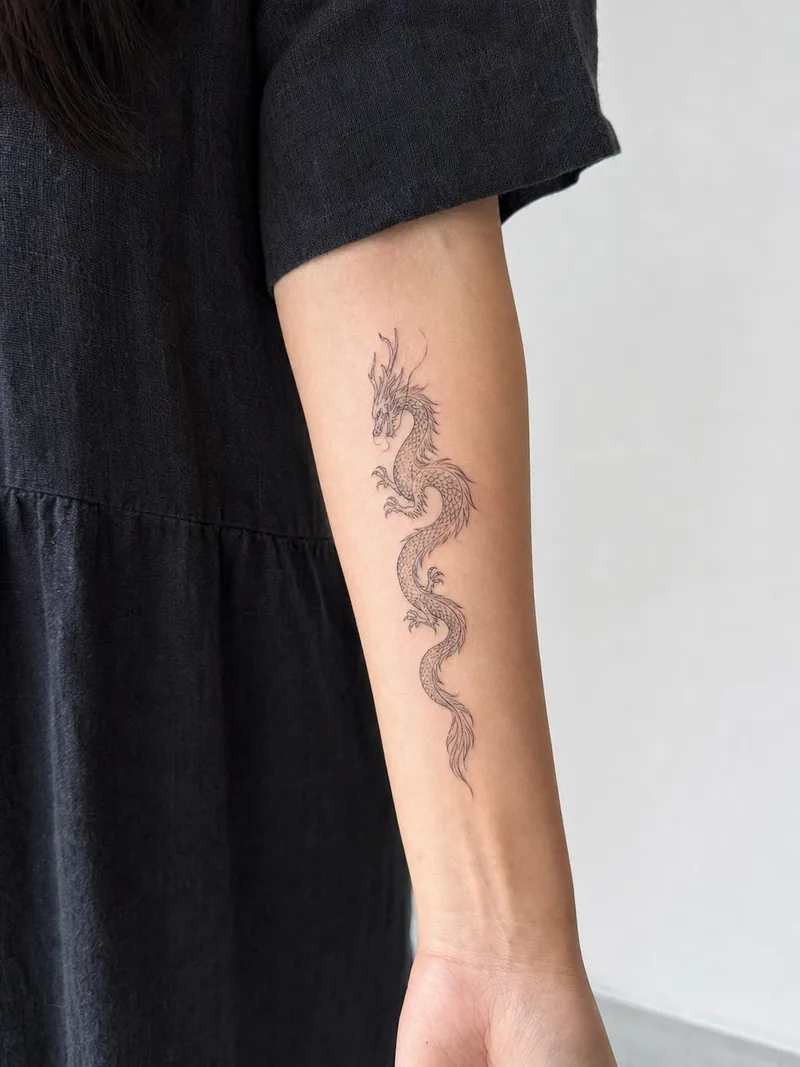Fine line dragon forearm tattoo - slender dragon flowing vertically toward the wrist