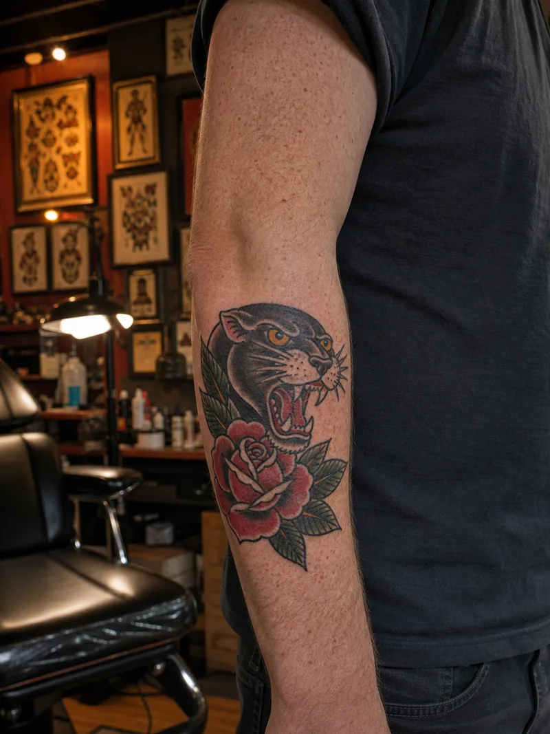 Panther and rose forearm tattoo - bold traditional panther head with a red rose