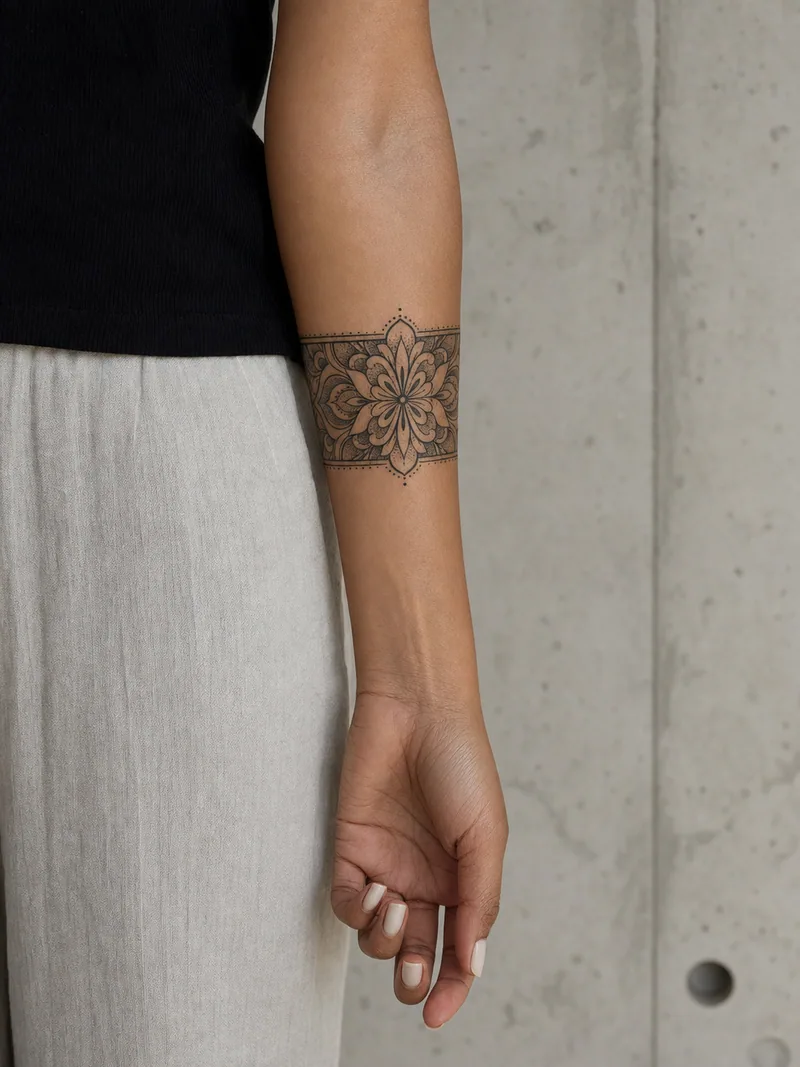 Ornamental forearm band tattoo - symmetrical dotwork cuff wrapping around the forearm