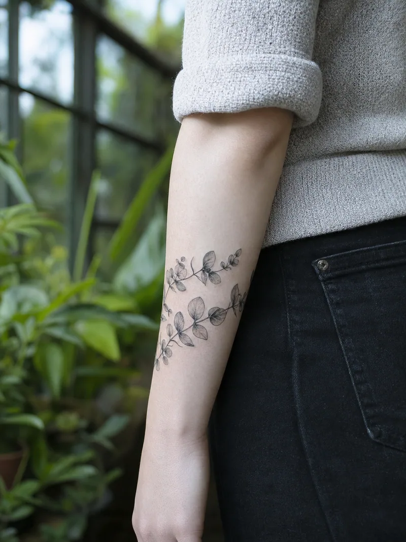 Eucalyptus wrap forearm tattoo - botanical stems wrapping naturally around the forearm