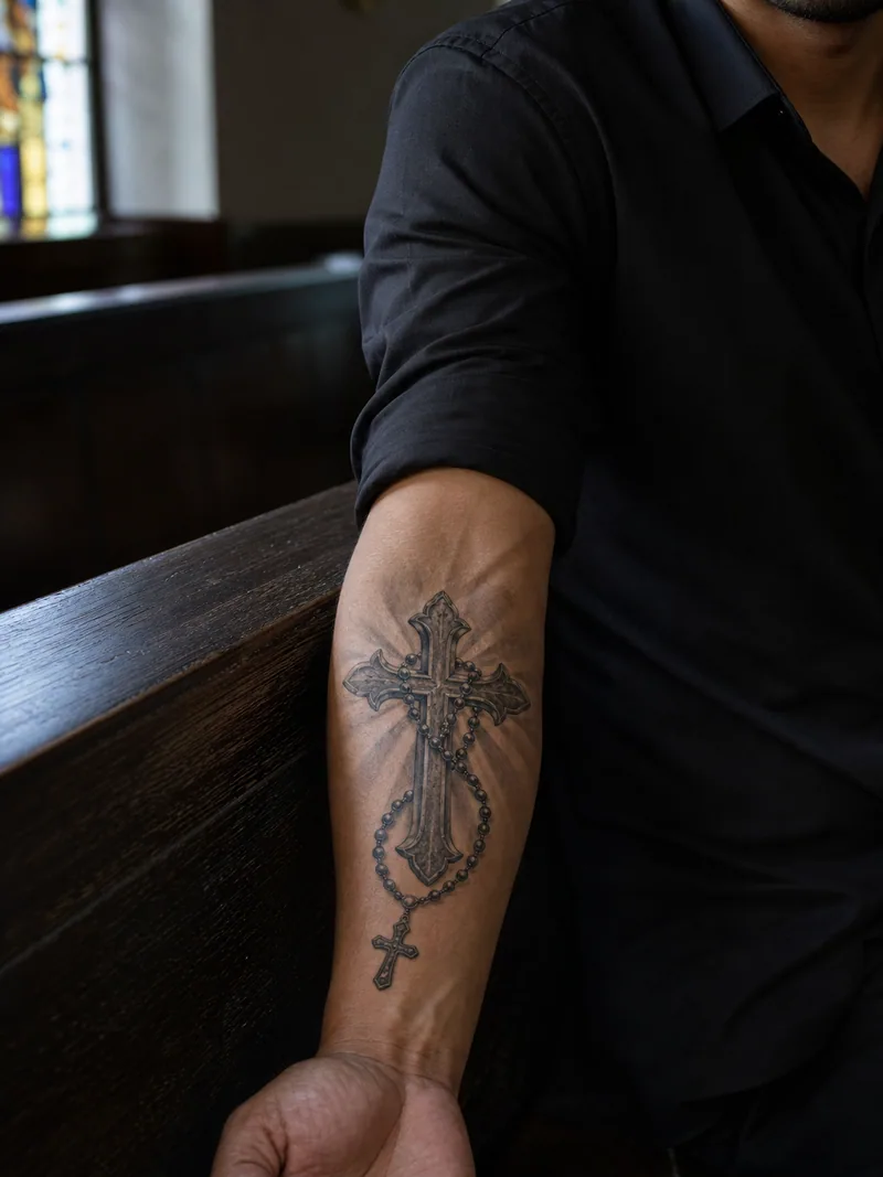 Cross and rosary forearm tattoo - detailed cross with a draped rosary and soft rays