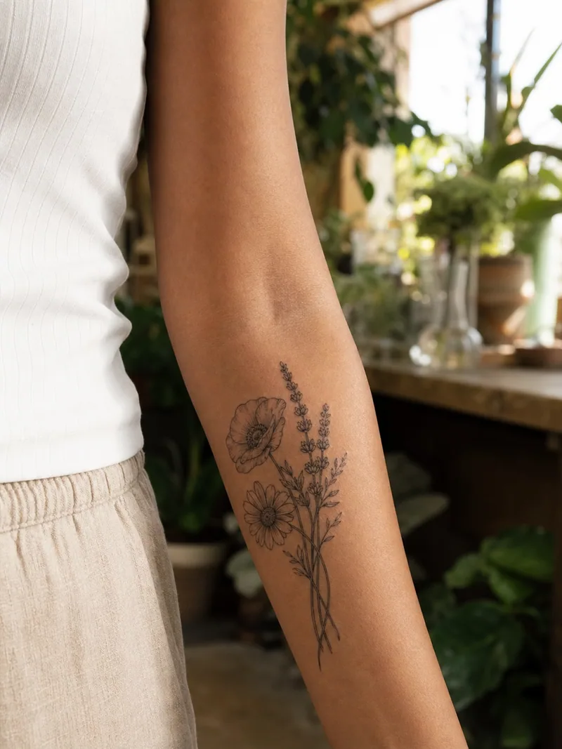 Birth flower forearm tattoo - poppy, daisy and lavender arranged as an airy bouquet