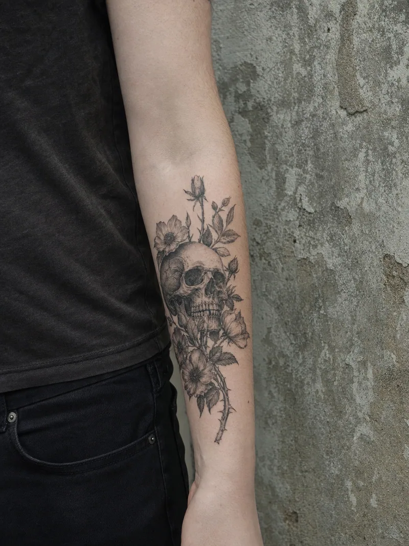 Skull and roses forearm tattoo - detailed skull framed by wild roses and thorny stems