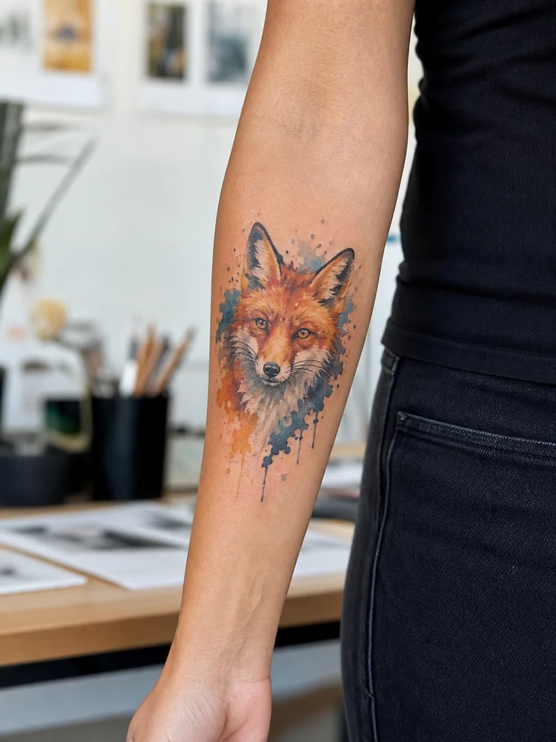 Watercolor fox forearm tattoo - fox portrait with crisp eyes and painterly colour edges
