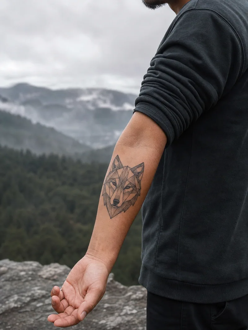 Geometric wolf forearm tattoo - symmetrical wolf head built from line planes and dotwork