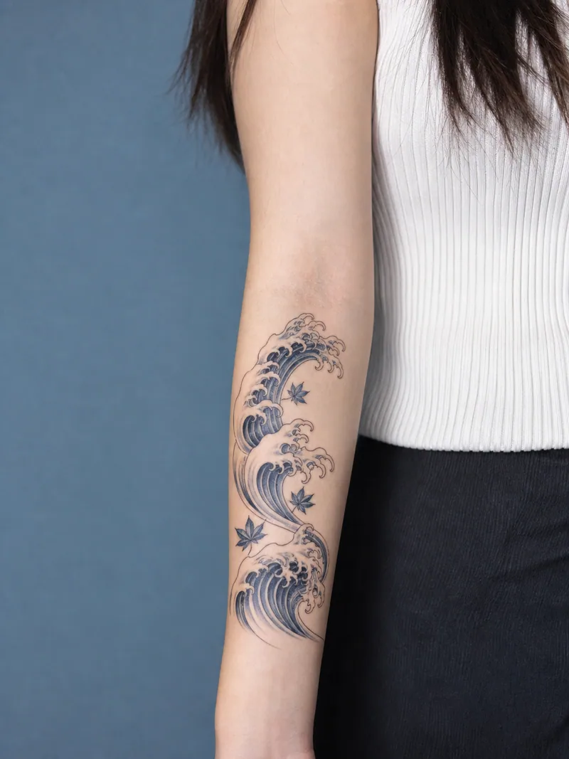 Indigo wave forearm tattoo - curling waves with small maple leaf accents