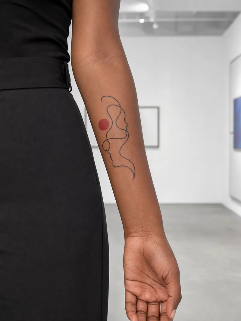 Abstract profiles forearm tattoo - continuous profiles balanced by one restrained red circle