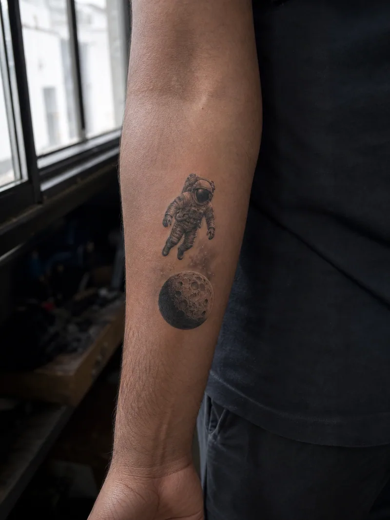 Astronaut and moon forearm tattoo - floating astronaut above a small cratered moon