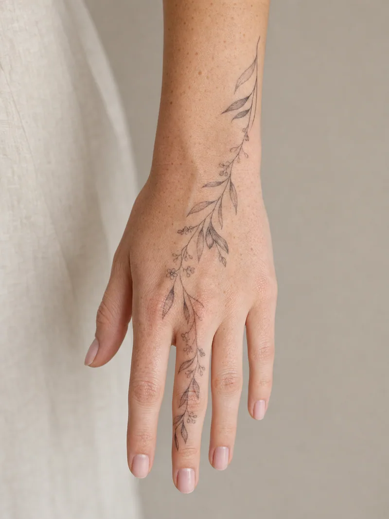 Fine line botanical hand tattoo - olive branch and tiny wildflowers running diagonally from wrist to finger