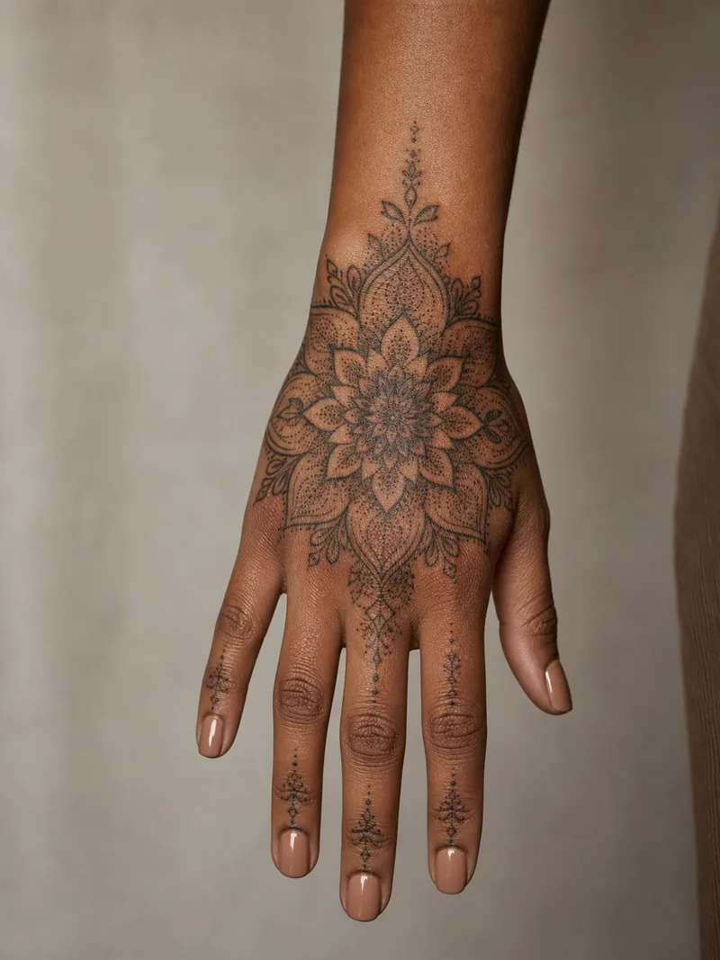 Ornamental mandala hand tattoo - symmetrical dotwork mandala extending lightly toward the wrist and fingers