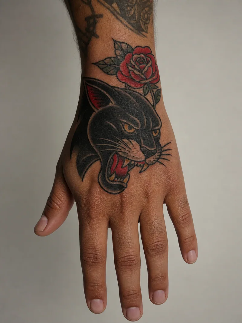 Traditional panther hand tattoo - bold panther head paired with a red rose above the wrist