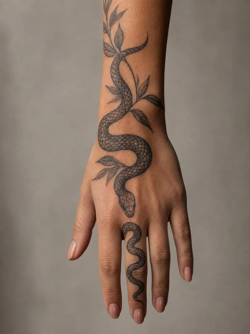 Snake and leaves hand tattoo - detailed snake winding across the hand and one finger with botanical leaves