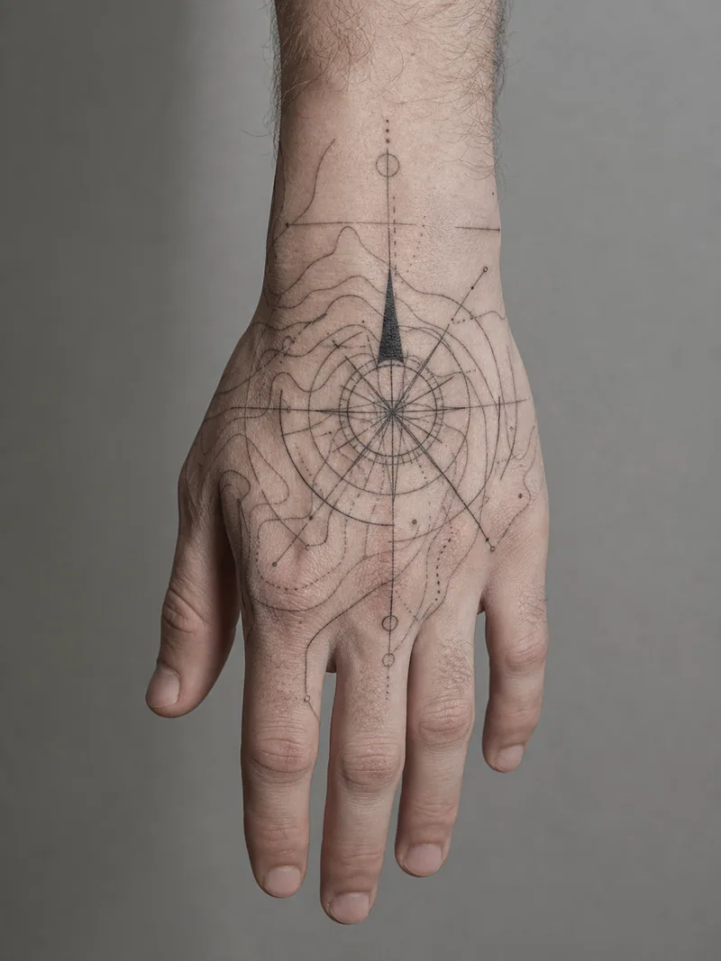 Geometric compass hand tattoo - compass point and topographic contours arranged as a modern technical composition