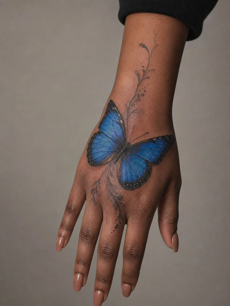 Blue butterfly hand tattoo - blue morpho butterfly with fine botanical accents toward the wrist