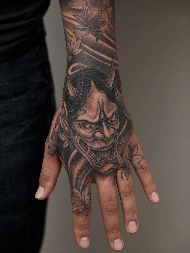 Hannya mask hand tattoo - high-contrast Hannya mask framed by maple leaves and wind bars