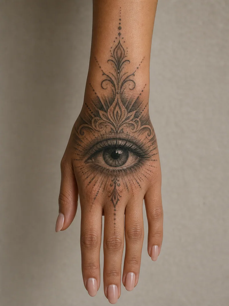 Ornamental eye hand tattoo - realistic eye with delicate rays and ornamental framing toward the wrist
