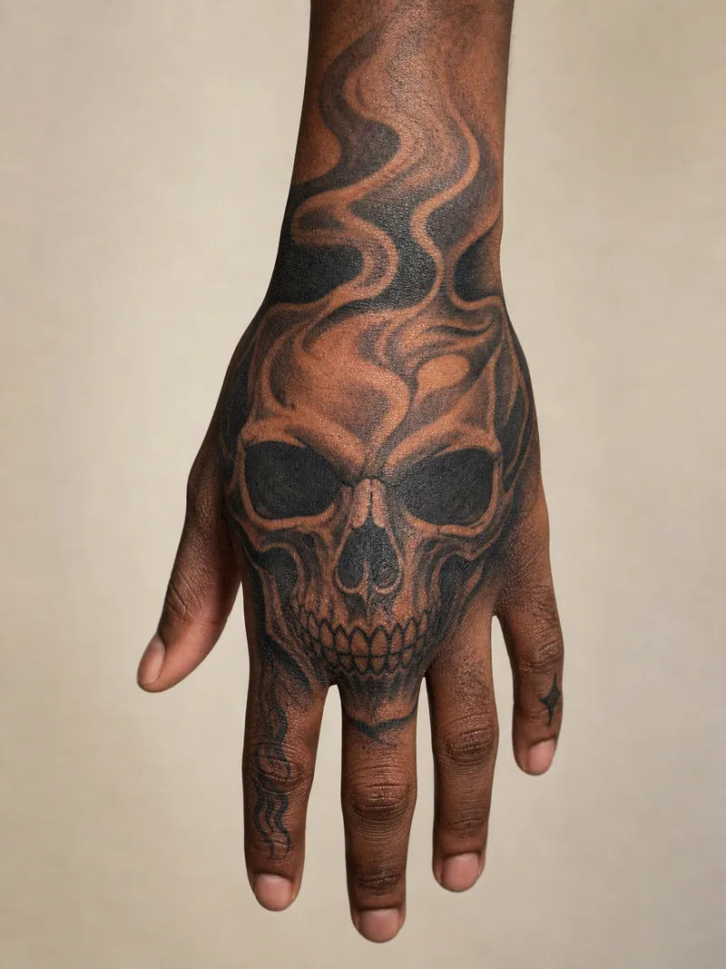 Skull and smoke hand tattoo - bold skull with flowing smoke shapes and small finger accents