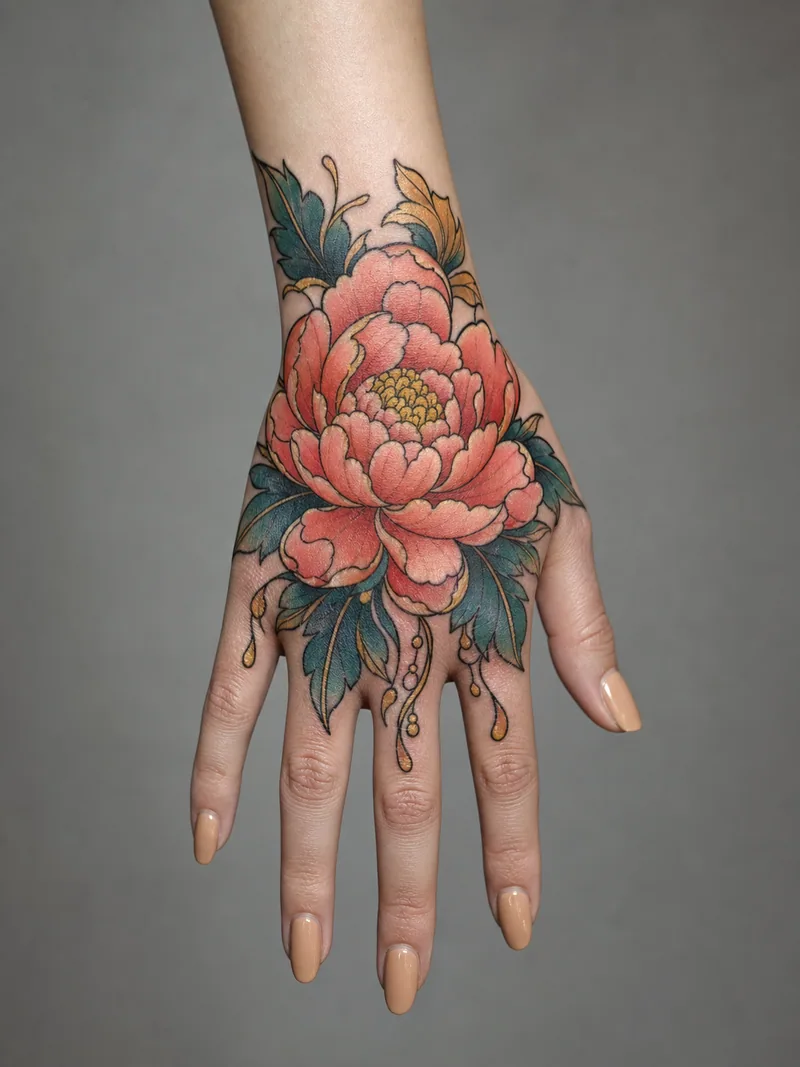 Neo-traditional peony hand tattoo - large coral peony with teal leaves and golden details balanced over the knuckles
