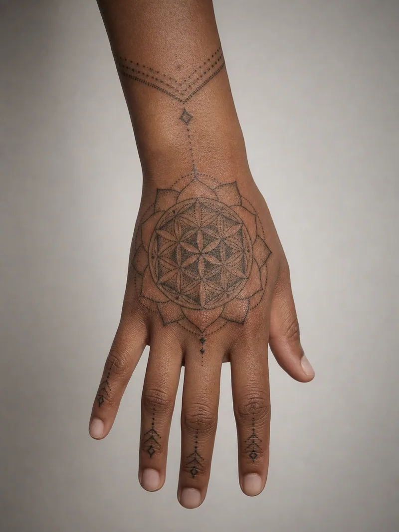 Sacred geometry hand tattoo - precise rosette geometry and dotwork extending minimally onto the fingers