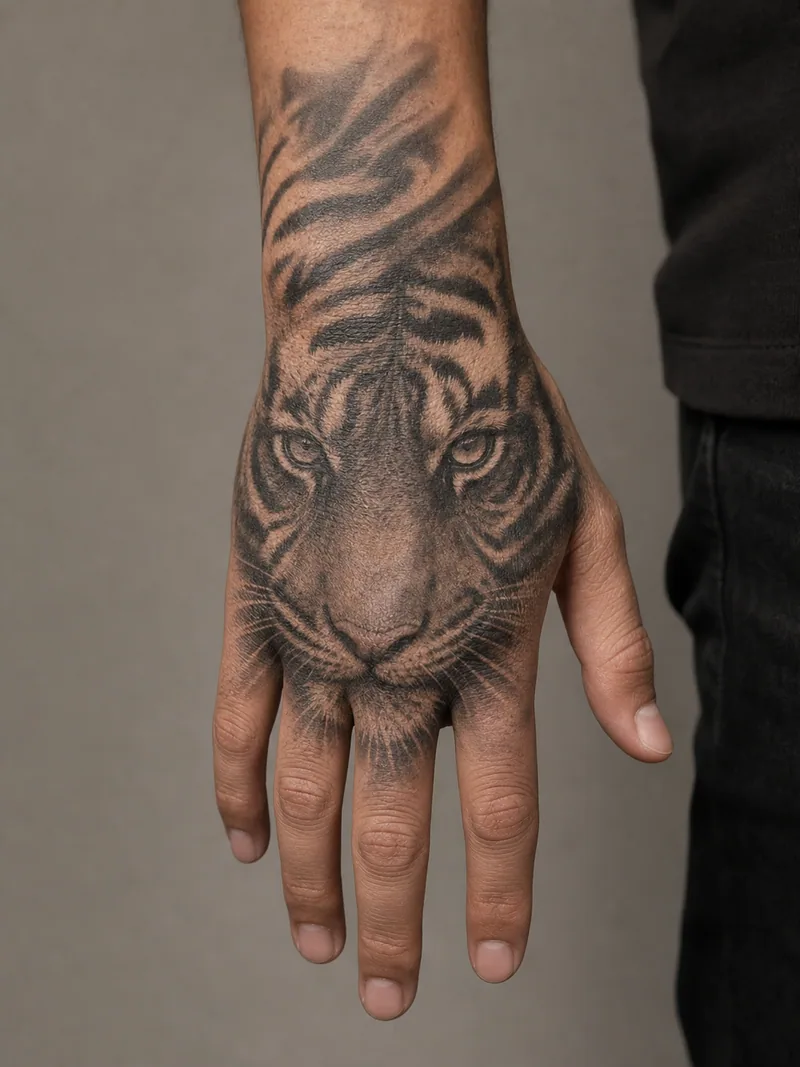 Realistic tiger hand tattoo - tiger face aligned with the knuckles and striped fur continuing toward the wrist