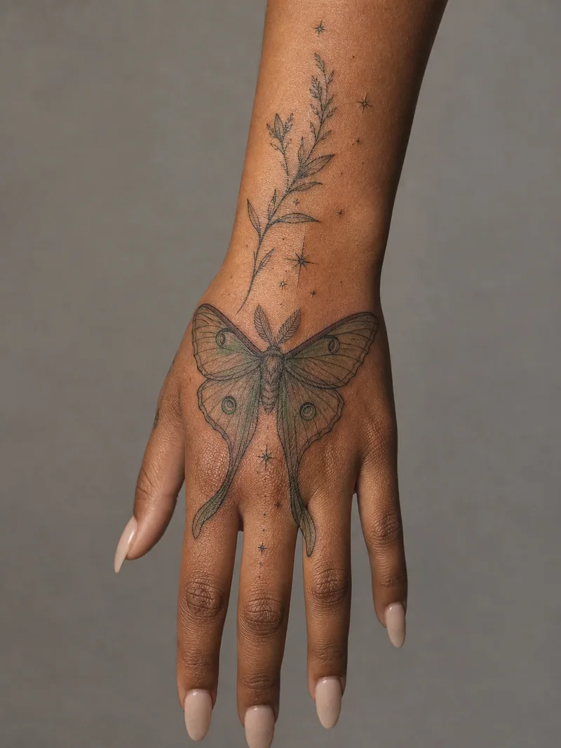 Luna moth hand tattoo - delicate luna moth with soft green accents and a botanical sprig