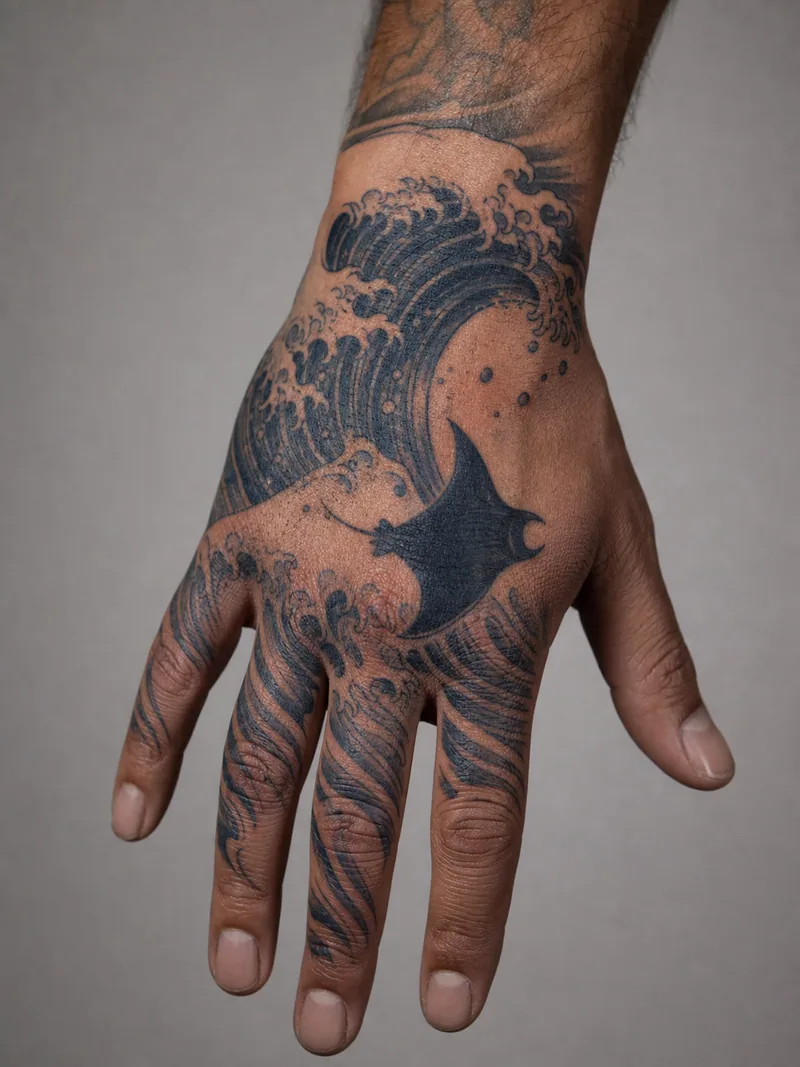 Wave and manta ray hand tattoo - curling indigo wave and manta ray silhouette flowing toward the fingers