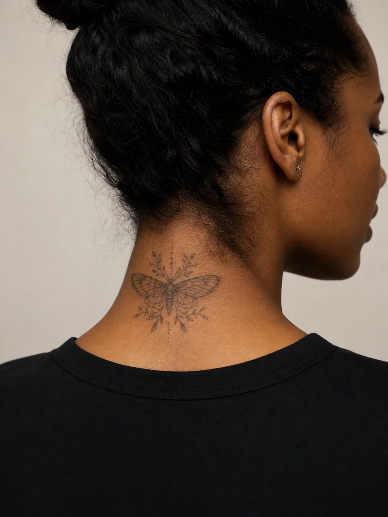 Fine line moth neck tattoo - small moth centred below the hairline with botanical sprigs and dotwork