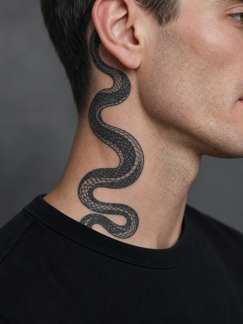 Snake neck tattoo - snake winding vertically from behind the ear toward the collar