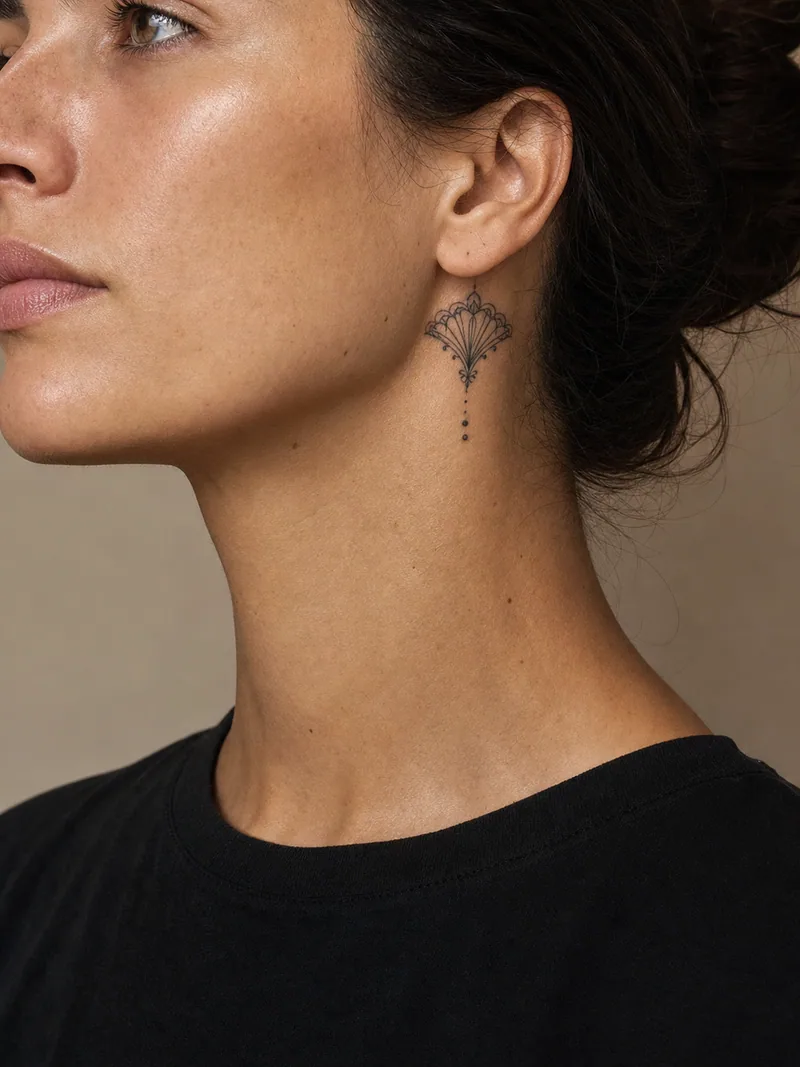 Ornamental neck tattoo - fan-shaped filigree with three fine dotwork drops below the ear