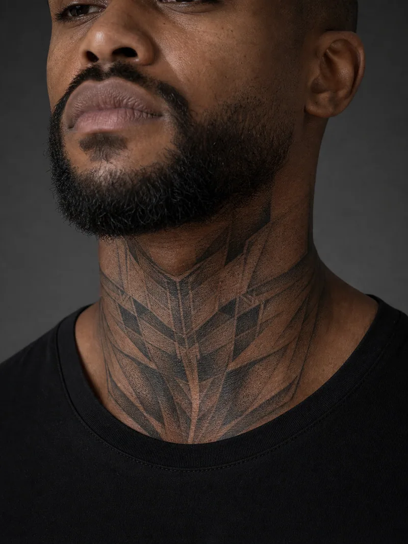 Geometric throat tattoo - symmetrical angular planes and dotwork tapering into the shirt collar