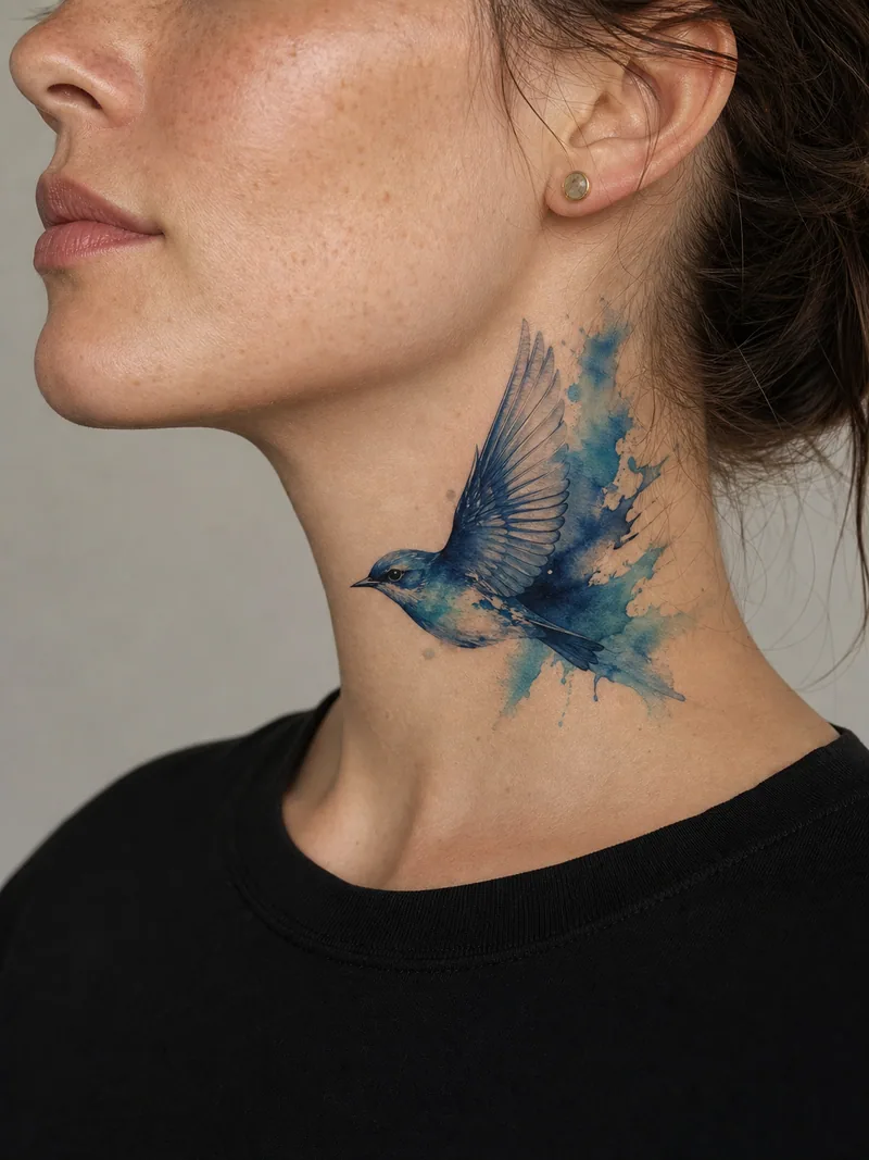 Watercolor bluebird neck tattoo - bluebird in flight with transparent colour washes and crisp wing details