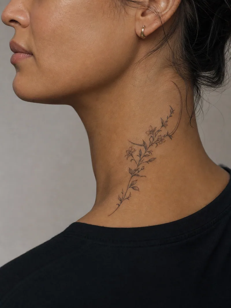 Jasmine neck tattoo - climbing jasmine branch following a soft crescent curve above the collar