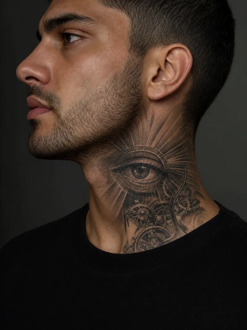 Eye and clockwork neck tattoo - realistic eye, rays and clockwork fragments fading toward the collar