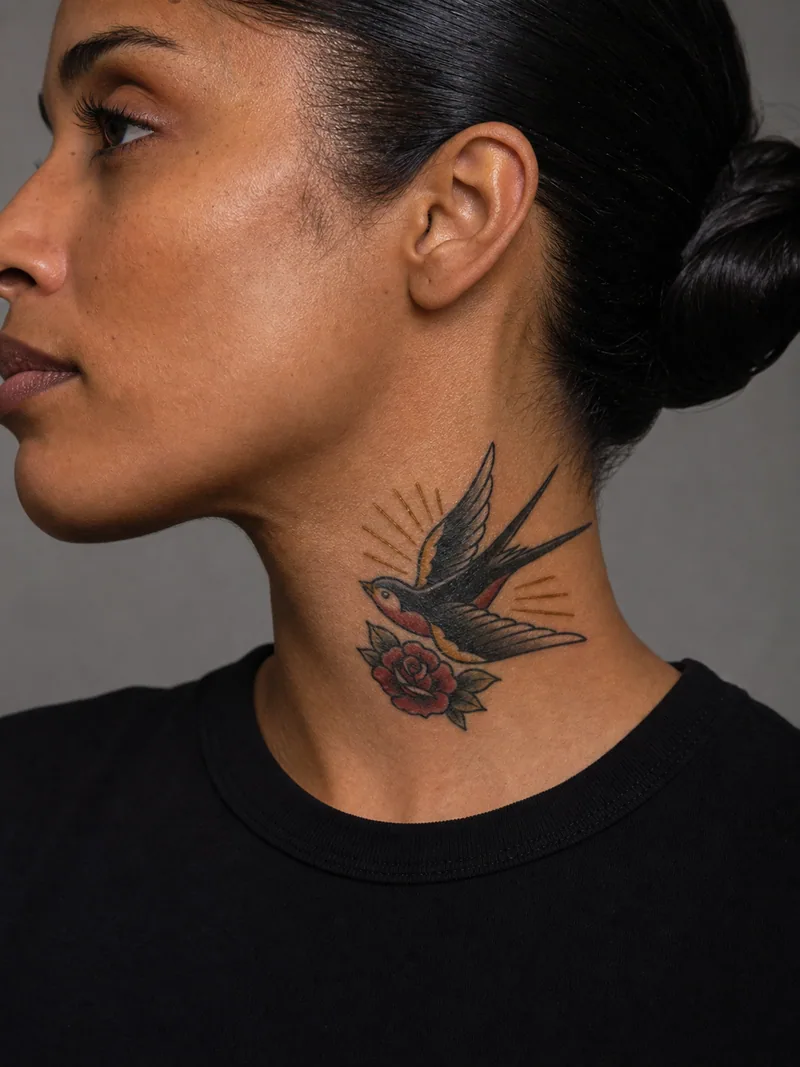 Traditional swallow neck tattoo - classic swallow and small red rose placed below the ear