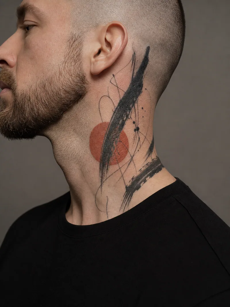 Abstract neck tattoo - black brushstrokes, fine calligraphic lines and one rust-red circle