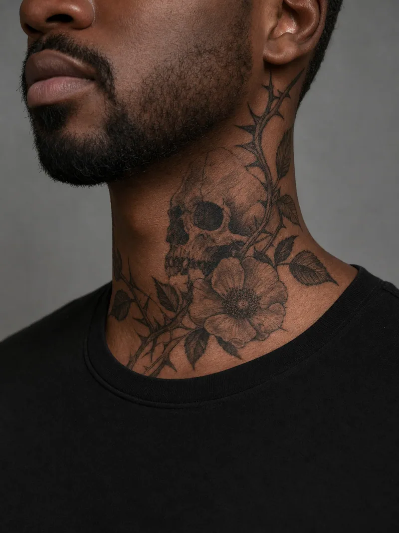 Skull and rose neck tattoo - skull, wild rose and thorn stems fitted between jaw and collar