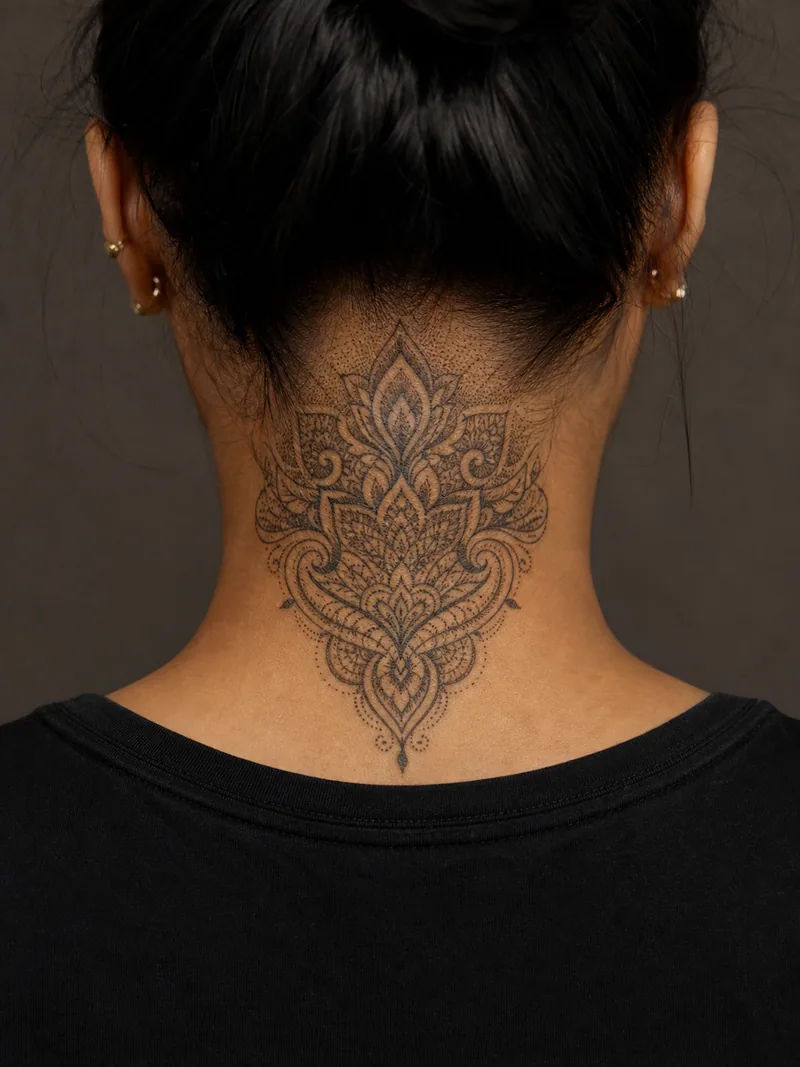 Ornamental nape tattoo - symmetrical lace geometry and dotwork tapering from hairline to collar