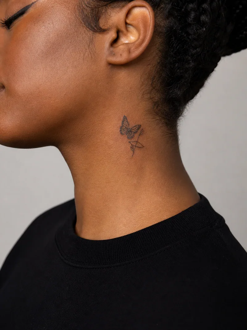 Small butterfly neck tattoo - tiny butterfly and two leaves with generous open skin around the design