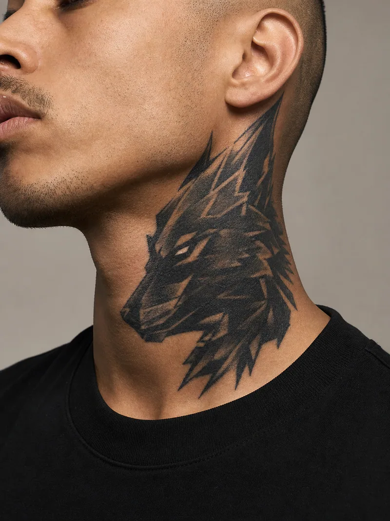 Blackwork wolf neck tattoo - angular wolf head with layered fur planes and narrow negative-space details