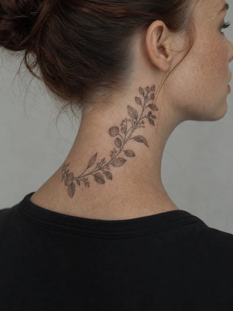 Botanical neck tattoo - eucalyptus and small berries curving from the nape around one side