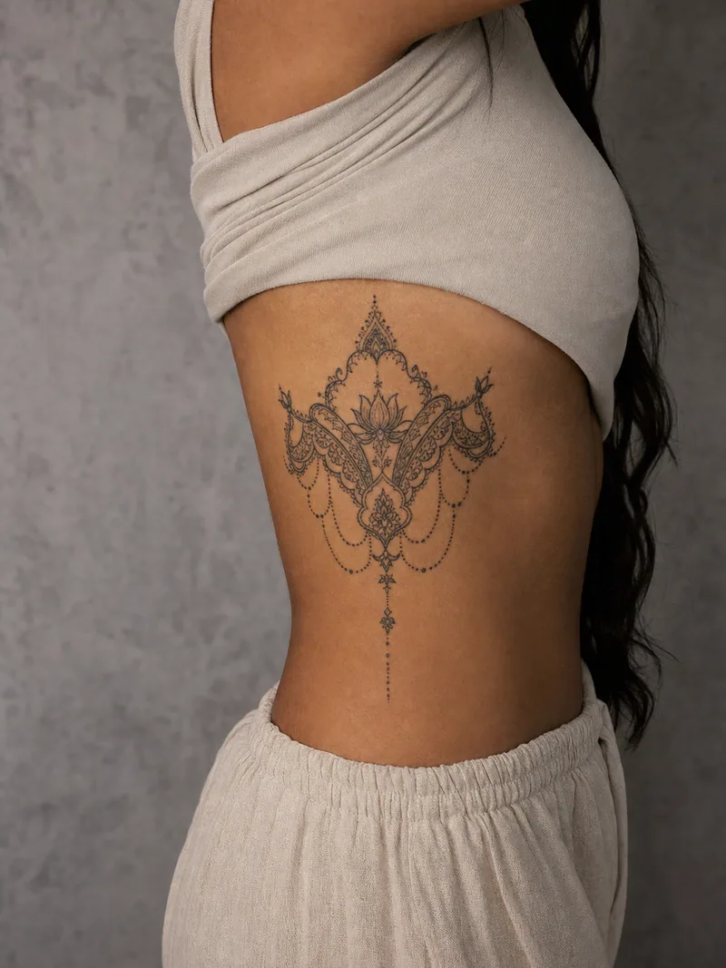 Ornamental rib tattoo - lace panel with balanced filigree and fine dotwork chains toward the waist